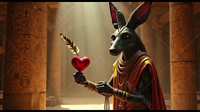 AI-generated Anubis weighing a heart and feather under golden light in an ancient temple
