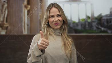 Woman with blonde hair raising thumb for thumbs up greeting in rome street; approval optimism encouragement