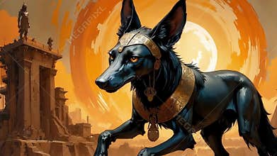 Ancient Egyptian mythical god Anubis in the form of a black jackal