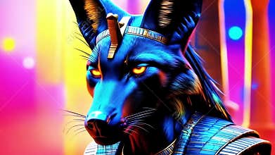 Ancient Egyptian mythical god Anubis in the form of a black jackal