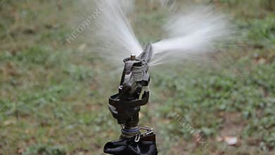 Automatic sprinkler shoots water on the field