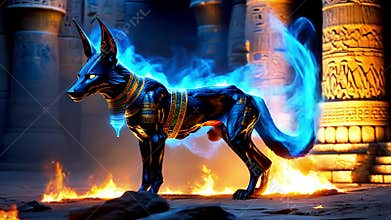 Ancient Egyptian mythical god Anubis in the form of a black jackal