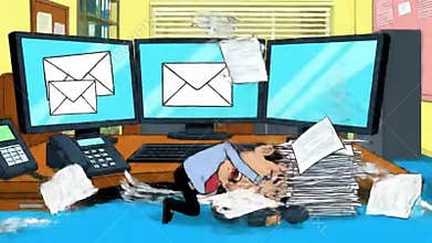 Animated overwhelmed office worker battles stress from approaching deadlines amidst a chaotic mountain of paperwork.