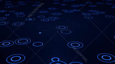 Futuristic blue abstract tech background with glowing digital circles and topographic contour lines