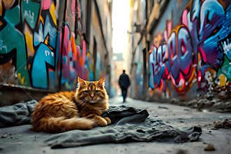 Orange cat resting in vibrant graffiti alleyway with person