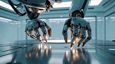 Descending robotic manipulators performing scanning on metallic work surface for calibration in lab