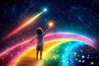 Child reaches for a glowing shooting star over a vibrant rainbow pathway under a starry night sky