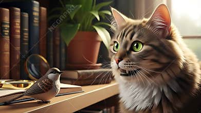 A Curious Tabby Cat with Green Eyes Intently Watches a Small Bird in a Sunlit Study