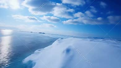 Expansive view of the ocean with ice formations and a vibrant sunlit horizon