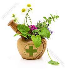 Wooden mortar with pharmacy cross and fresh herbs