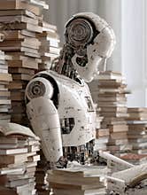 Neural AI Machine Engaged in Reading While Surrounded by a Vast Collection of Books and Notebooks in a Study