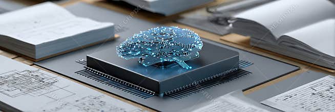 Neural AI Machine Surrounded by Varied Books and Notebooks With Visible Works of Innovation and Learning