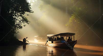 Orangutan Greets Klotok Boat at Sunrise on a Jungle River