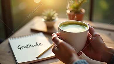 Hands Holding a Steaming Cup of Green Tea Near a Gratitude Journal