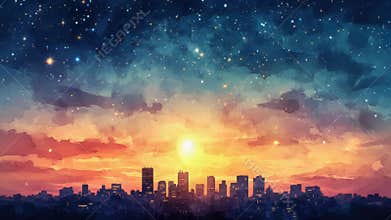 Urban landscape under starry sky, perfect for night scenes, cityscapes, or urban planning projects