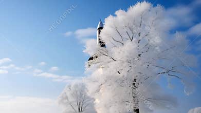 Close up Rocket Launch into the Sky Behind the Trees Scene in Winter Ai generative
