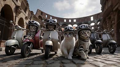 A group of cats sitting on top of a row of scooters