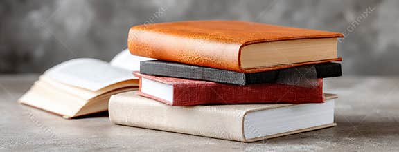 Four hardcover books in vibrant colors are stacked together, showcasing their textures against a gray background