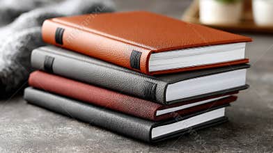 Four hardcover books in vibrant colors are stacked together, showcasing their textures against a gray background