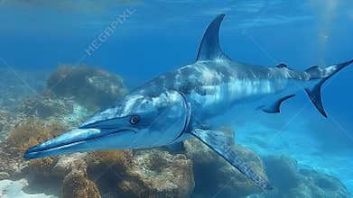 Majestic Swordfish Gliding Through Coral Reefs: Underwater Marine Life