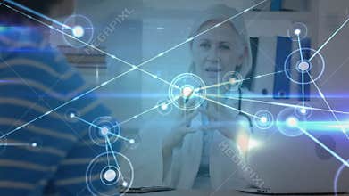 Pregnant woman cradling belly initiating data nodes expanding and connecting patient with physician