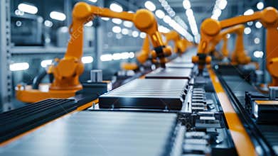 Automated assembly line with robot arms, production of lithium batteries in a car factory