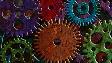 Colorful Rusty Mechanical Gear Parts Rotating and Moving on Grunge Texture Background