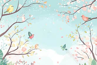 Doodle of colorful birds amidst blossoming branches on a serene background during a spring morning. Generative AI