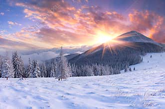 Beautiful winter sunrisein mountains.