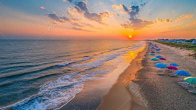 A breathtaking sunrise illuminates Rehoboth Beach, casting vibrant colors on the sandy shore and colorful umbrellas