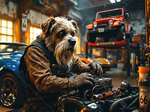 Dog mechanic repairing car engine in garage