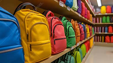Rows of vibrant backpacks hanging in a store, offering a wide variety of colors for back to school shopping