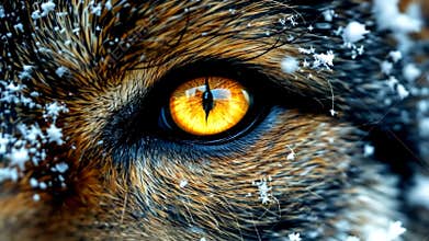 Extreme close-up of a wolf\'s amber eye with snowflakes on its fur