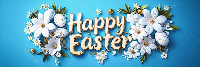 Happy easter text with floral decor on blue background. Happy Easter