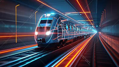 Futuristic wireframe train moving through digital tunnel visualization