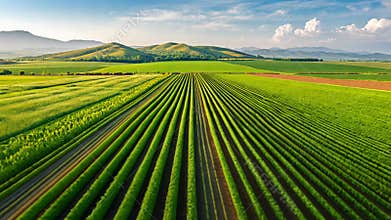 Aerial View of Lush Green Fields Stretching Across Rolling Hills