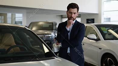 Caucasian man client buyer owner consumer salon buying purchase thinking male guy thoughtful businessman pensive choose
