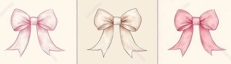 Chic frame featuring a bow and ribbons. Pink coquette borders, hand-drawn for wedding invitations. Whimsical frames for