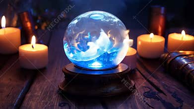 Glowing blue magical crystal ball on a table in a witch's lair surrounded by candles.