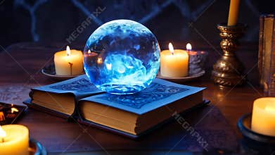 Glowing blue magical crystal ball on a table in a witch's lair surrounded by candles.