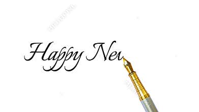 Elegant \'Happy New Year\' Cursive Text on White Background Representing Festive Celebration, Seasonal Greeting