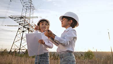 Preschool boys as engineers or managers with safety helmet. Job in electrical industry, serious smart kids reading
