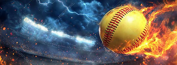 In a dynamic display of fire, energy, and motion, a magical leather baseball is featured on a sports performance banner