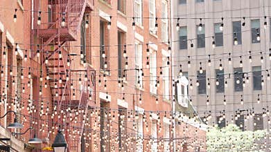 New York City Manhattan building architecture. Red brick house exterior. Real estate property, USA.