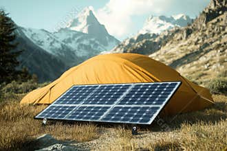 Camping in the mountains with solar panels and a tent for sustainable energy
