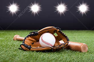 Baseball Glove With Baseball And Bat