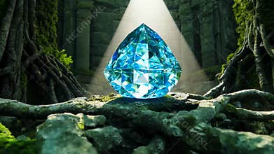 Blue magical crystal in the middle of an ancient, dilapidated temple covered in moss and tree roots.