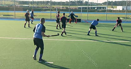 Playing field hockey, men competing in outdoor match on sunny day