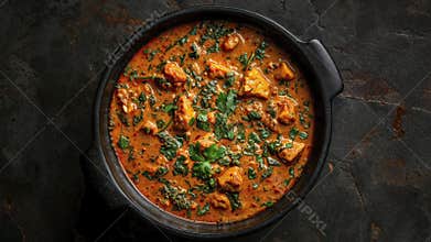 Delicious Traditional Curry Dish Served in Rustic Dark Background Bowl