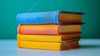 Colorful stacked books displaying vibrant covers against a teal background in a well-lit setting